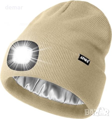 ATNKE Плетена шапка със светлинно фенерче, USB акумулаторна 4 LED, бежова, снимка 1 - Шапки - 45623968