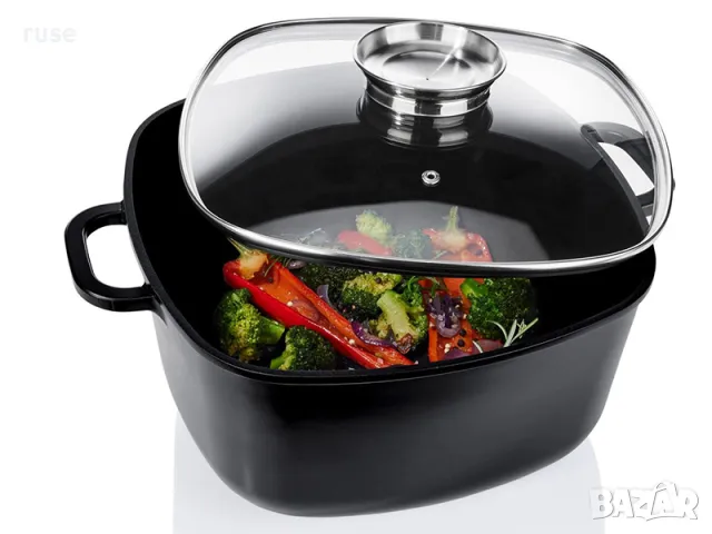 НОВИ! Ростер квадратен тиган с капак и дозатор 28х28см 7.5л тенджера с дозатор, снимка 2 - Съдове за готвене - 49786404