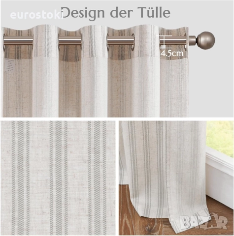 Topick Ленени завеси, 130 x 145 см, раирани завеси сиви с  капси, модерни завеси с ленен вид, хол, снимка 3 - Пердета и завеси - 51897454
