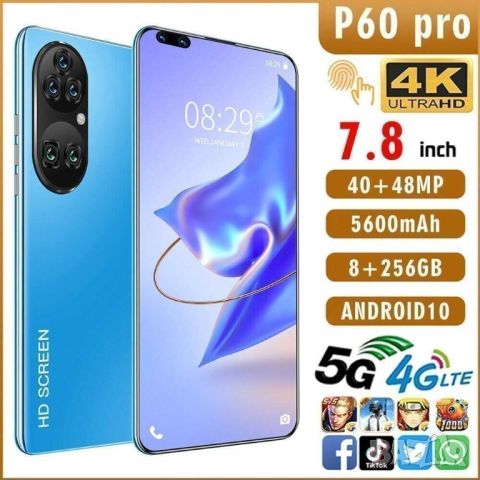 Смартфон P60Pro, 7.8", 48MP, 5600 mAh, 256GB, 8GB RAM, Adroid 10, Син