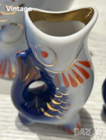 Винтидж съветски порцеланов сервиз Рибки , снимка 4 - Сервизи - 53977287