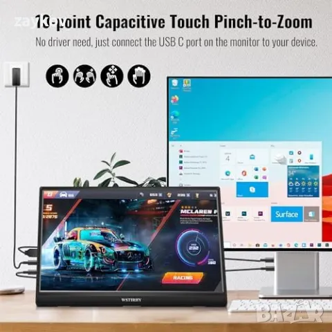 Wstirhy 15,6-инчов FHD 1080P IPS преносим сензорен екран Преносим сензорен екран с USB, снимка 6 - Монитори - 49872583