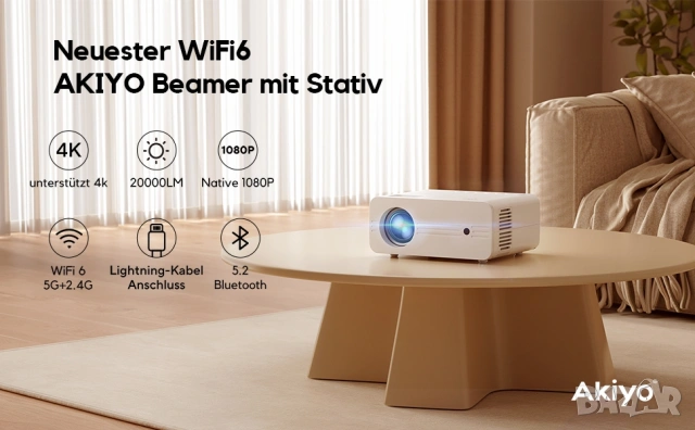 4K Мултимедиен Проектор AKIYO O7, Native 1080P, WiFi 6, Bluetooth 5.2 + Статив, снимка 9 - Плейъри, домашно кино, прожектори - 53314333