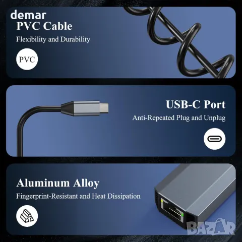 Minthouz USB C към Ethernet адаптер, 5G кабелен мрежов адаптер, алуминиев RJ45, снимка 6 - Мрежови адаптери - 50399055