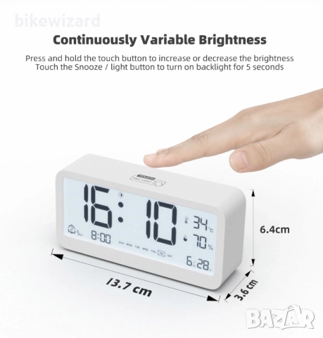 PASIVOLE Цифров будилник с термометър и влагомер аларма и светлина НОВ, снимка 2 - Други - 51918979