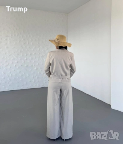 Елегантен комплект от скъсено сако и панталон,  фино рае, цвят нежно бежаво, снимка 3 - Костюми - 53931167