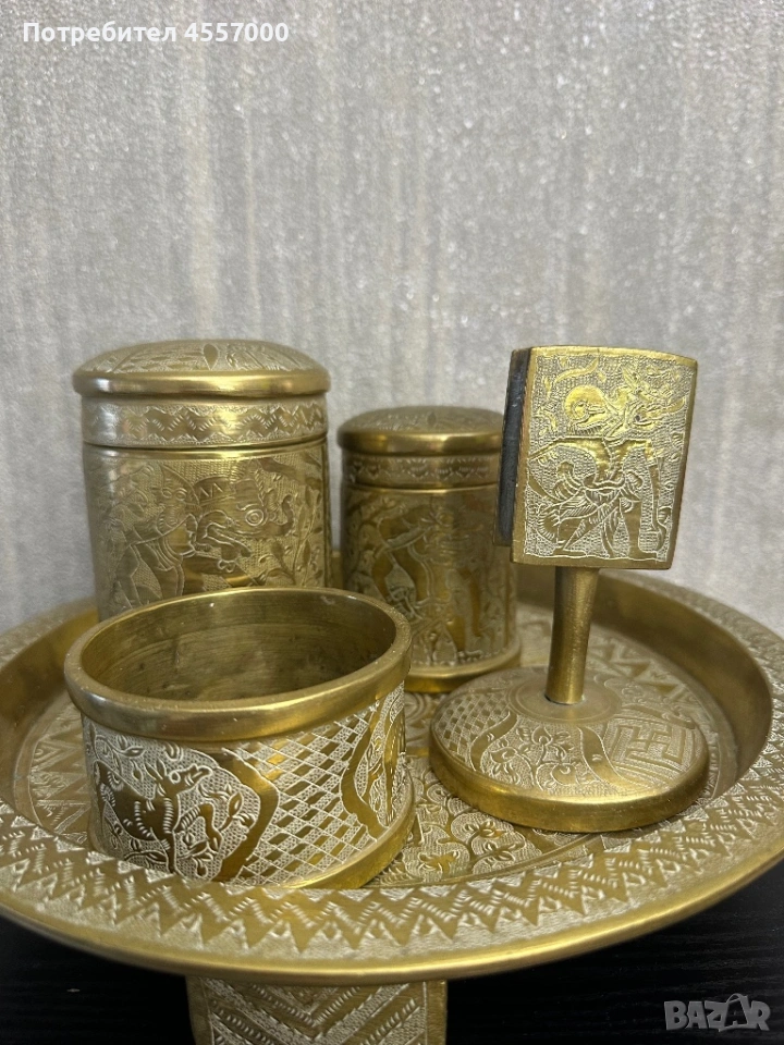 Уникален масивен месингов комплект за бюро – 5 кг, ръчна гравюра, снимка 1