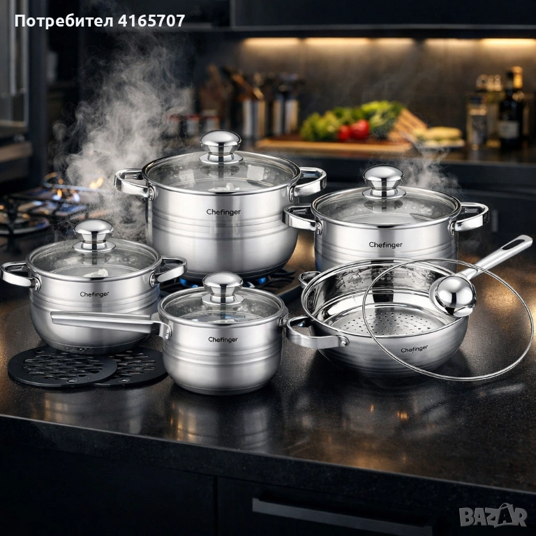 Комплект съдове за готвене 12 части Cheffinger, с индукционно дъно и стъклени капаци – тенджери, кас, снимка 1