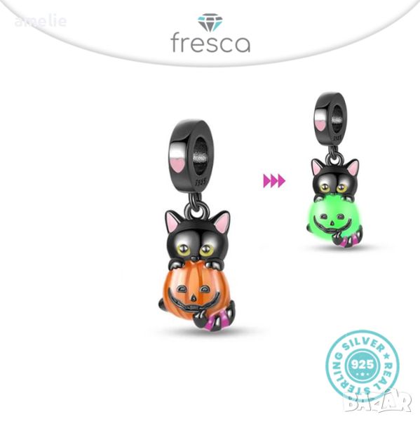 Талисман Fresca по модел Пандора 925 Pandora Halloween Black Cat with Pumpkin. Колекция Amélie, снимка 1