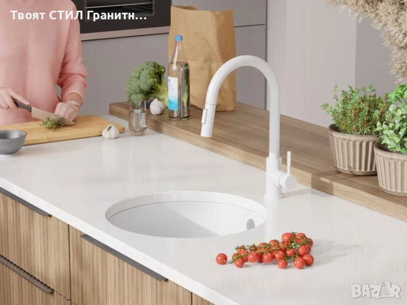 Бяла кръгла кухненска мивка за вграждане под плот Валета 50 460x460 мм, снимка 1