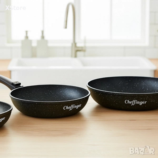 Комплект 3 бр. индукционни тигани Cheffinger с подвижни дръжки, снимка 1