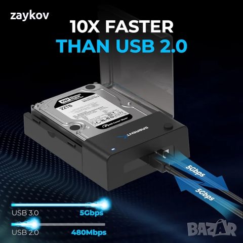 SABRENT USB 3.0 към SATA външен твърд диск Плоска докинг станция за 2,5 или 3,5 инча HDD, SSD, снимка 6 - Друга електроника - 45958777