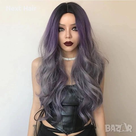 Модна омбре перука – трицветна с кафяви корени, лилав среден тон и сиви краища, снимка 5 - Аксесоари за коса - 52897617