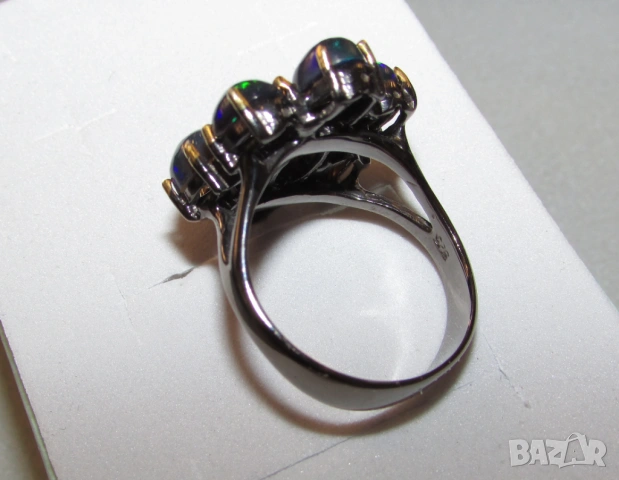 925 сребърен пръстен с родиево покритие с черни опали, снимка 3 - Пръстени - 53512708