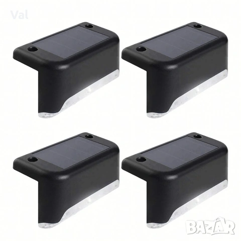 Комплект от 4 броя соларни LED лампи за стълби и огради – Водоустойчиви IP44, топла светлина