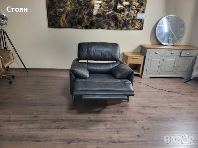 Тъмно сив графитен кожен фотьойл с електрически механизъм, снимка 5 - Дивани и мека мебел - 53699202