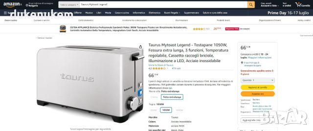 Тостер Taurus Mytoast Legend 1050W за ремонт или части, снимка 7 - Тостери - 46466930