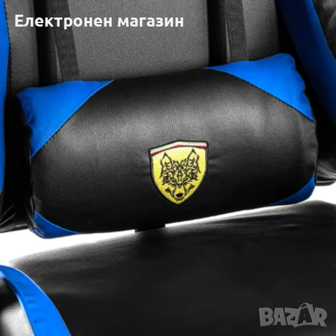 Геймърски стол с поставка за крака – черно-син, въртящ, с масажна функция и спортен дизайн, снимка 6 - Столове за офис - 53241848