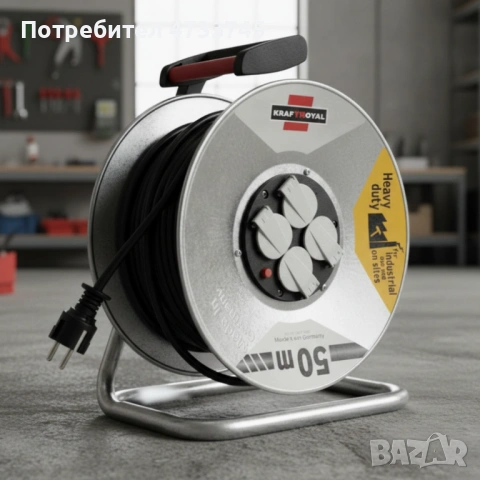 Електрически удължител с макара KraftRoyal 50m — здрава поцинкована конструкция, 4 гнезда и термична, снимка 3 - Други - 53438960