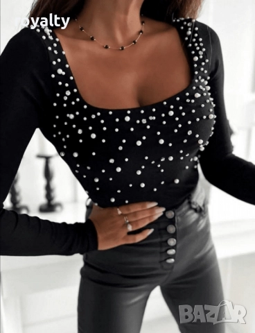 Дамска черна блуза с перли, снимка 2 - Блузи с дълъг ръкав и пуловери - 51997146