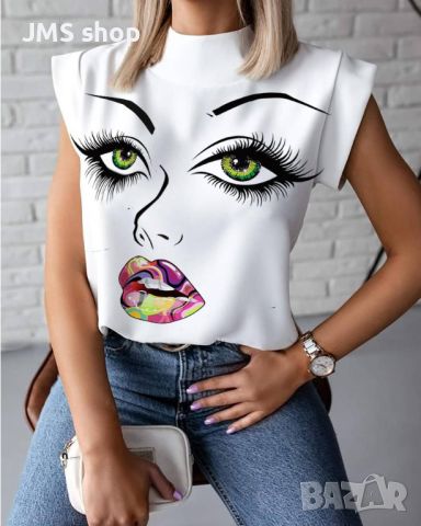 Дамска блуза с къс ръкав и щампа на модно човешко лице, 8цвята , снимка 8 - Тениски - 45715952