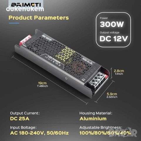 LED захранване 12V 300W 25A – ултра тънко, димируемо, снимка 6 - Лед осветление - 53291496