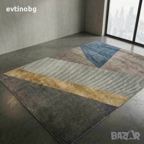 Луксозен Килим за Хол 120х160см – Сиво със Златна лента и 3D ефект, Противоплъзгащ и Миещ се, снимка 2 - Други - 53882619