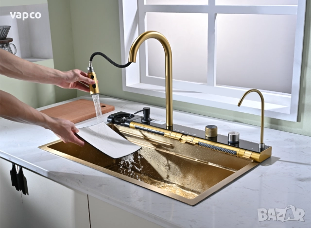 Златна мултифункционална кухненска мивка с регулируем двоен водопад, снимка 5 - Мивки - 51491360
