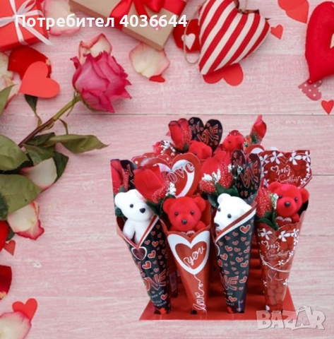 Романтичен букет с плюшено мече и роза, снимка 6 - Плюшени играчки - 53087586
