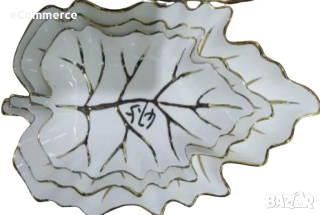 Комплект от 3 броя луксозни порцеланови чинии в бяло и златисто Листа, снимка 11 - Чинии - 47625706