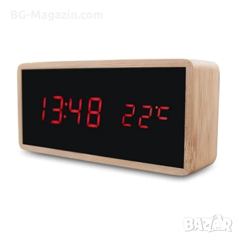 Декоративен LED настолен часовник дървен с термометър светещ в тъмното на ток електронен дигитален, снимка 2 - Други - 51039030