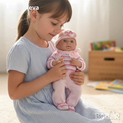 Кукла бебе с пълен комплект – Шише, пижама, легълце и аксесоари - 42 см - НА БЪЛГАРСКИ.