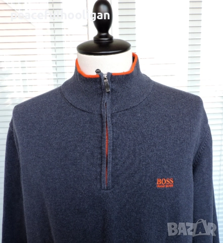 Hugo Boss Mens Navy Blue 1/4 Zip Long Sleeve Cotton Jumper Pullover Size XL /XXL, снимка 2 - Пуловери - 52949296