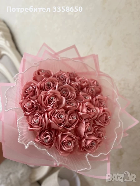  Вечен букет от 27 сатенени рози – ръчна изработка, снимка 1