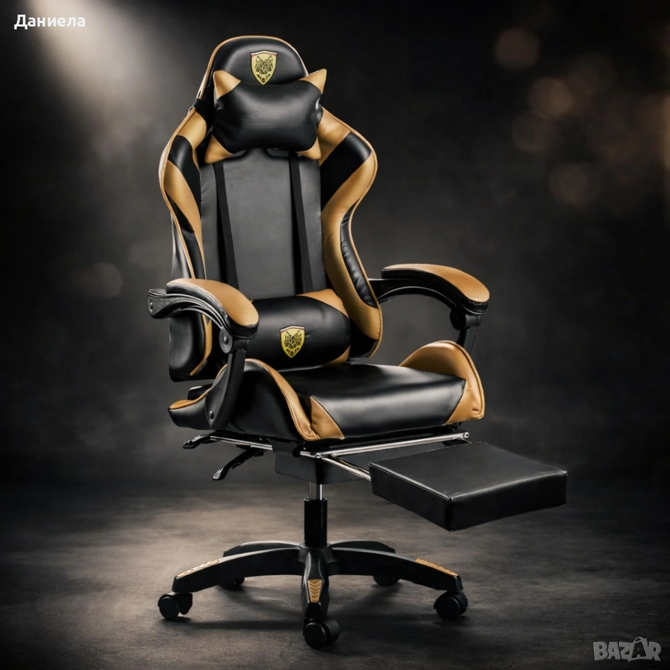 Черен геймърски стол с златисти акценти и разтегляема поставка за крака, снимка 1