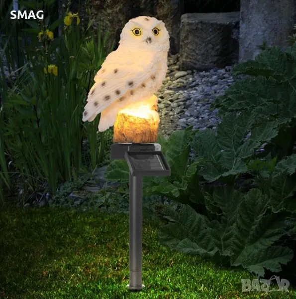Слънчев соларен фенер лампа черна сова стик бял топъл 44см S_1236433, снимка 1