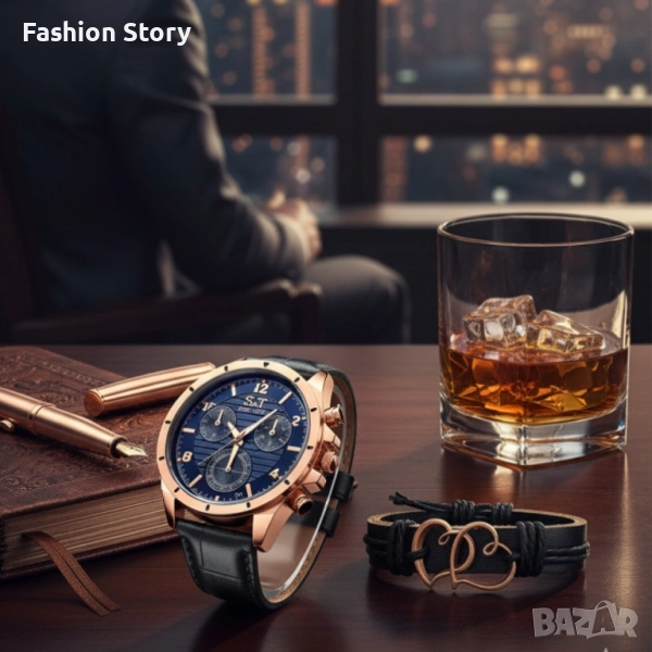 Мъжки часовник S&T Seek Time с кожена гривна – подаръчен комплект, снимка 1