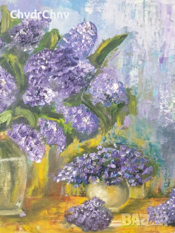 Деница Гарелова 40x30см/малка българска картина масло върху платно/натюрморт-цветя/ваза-люляк, снимка 3 - Картини - 51160205