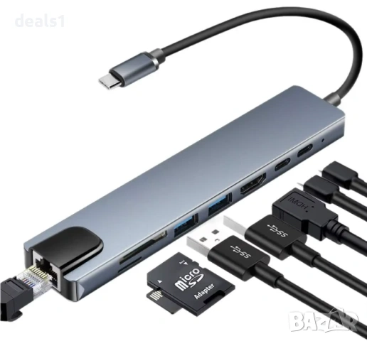 USB-C Хъб 8в1 Type-C 3.1 – 4K HDMI Адаптер RJ45 LAN 100Mbps SD/TF Четец PD Бързо Зареждане 