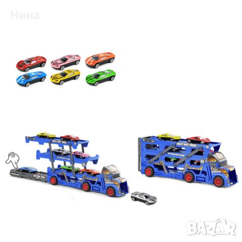 Автовоз с катапулт и 6 метални коли, снимка 1 - Коли, камиони, мотори, писти - 45935638