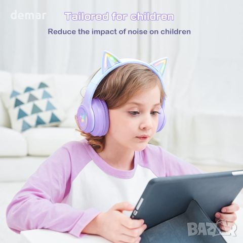PHNIXGAM Bluetooth слушалки с котешки уши за деца, безжичен и кабелен режим с микрофон, RGB LED, снимка 2 - Слушалки и портативни колонки - 45437644