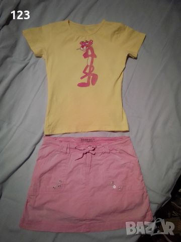 Комплект от тениска Пинко розовата пантера, интересна  пола с  панталонки и обувки в бонбонено розов, снимка 2 - Поли - 46307092