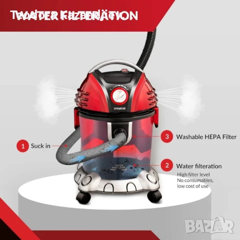 Прахосмукачка с воден филтър Voltz, 1200W-1400W, 15л., Червена, снимка 2 - Прахосмукачки - 50637357