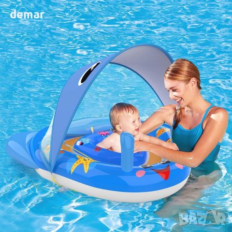 Надуваема бебешка плувка за басейн със сенник UPF50+, с регулируема седалка, 6-24 месеца, синя, снимка 7 - Други - 46447851