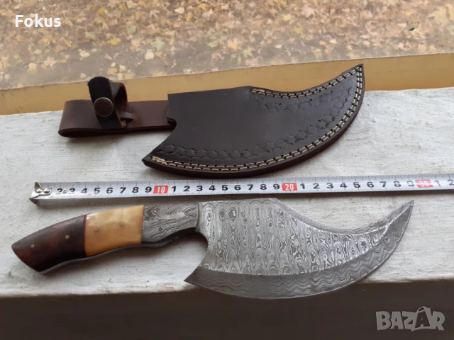 Страхотен нож брадва сатър дамаска стомана нов кожена кания, снимка 5 - Антикварни и старинни предмети - 51205412