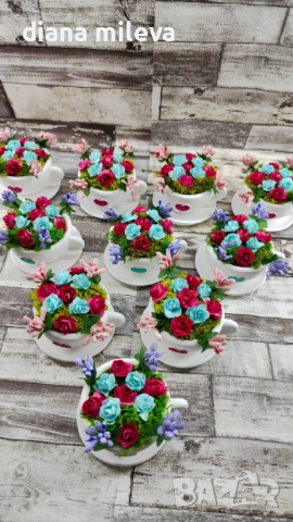 Сладурски чашки с нежни цветлета в тюркоаз и розово!!, снимка 2 - Декорация за дома - 53304069