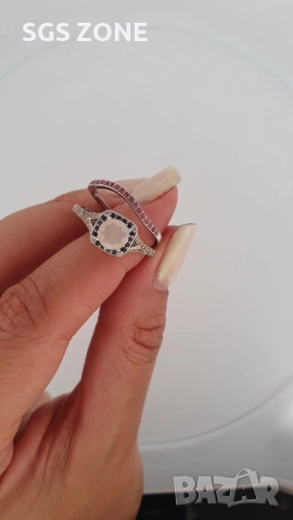 Двойни сребърни пръстени с опал и разпръснати сапфири, снимка 6 - Колиета, медальони, синджири - 52401233