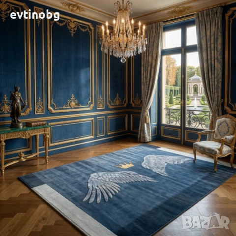 Модерен килим за хол 120х160см - Тъмносин с крила и корона и 3D ефект, Противоплъзгащ, снимка 6 - Други - 53876639