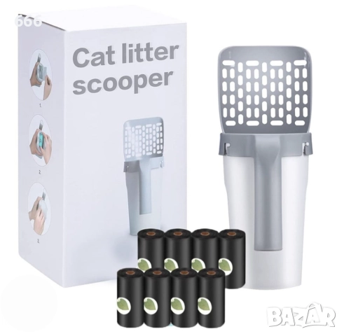 Лопата за котешки пясък, полипропилен, сива, 29x20x12см, снимка 2 - За котки - 52578949