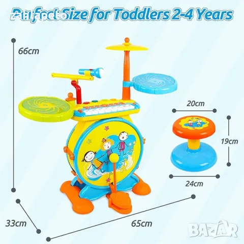 Комплект: Барабани + пиано + микрофон + столче, снимка 6 - Музикални играчки - 48246473